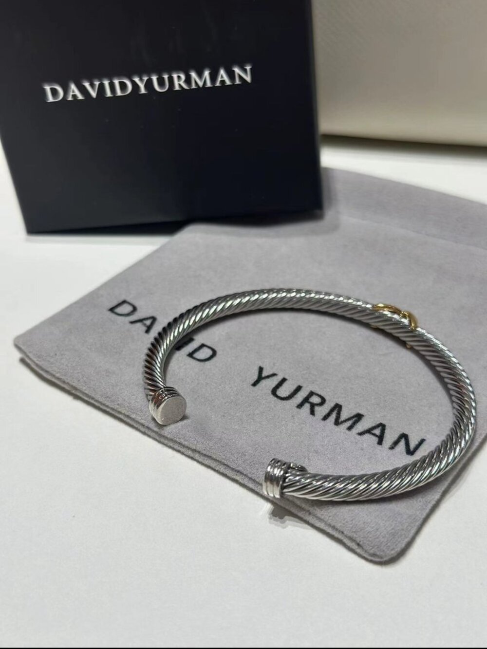 David Yurman Sterling Silver & 18k Gold X Station 4mm Cuff Bangle Bracelet